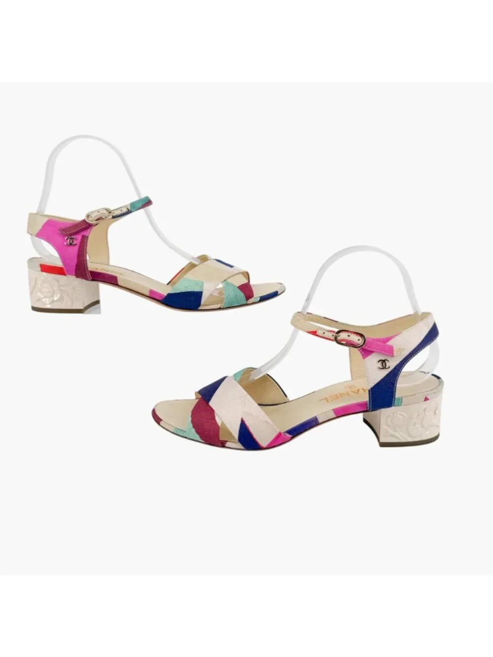 Chanel CC Patchwork Canvas Flower Block Heel Sandals Size 40 US 9-9.5 Multicolor